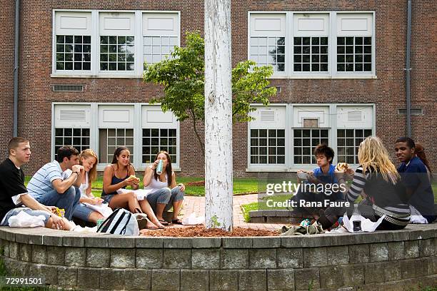 group of friends (16-19) sitting outdoors, eating - pole positie fotografías e imágenes de stock