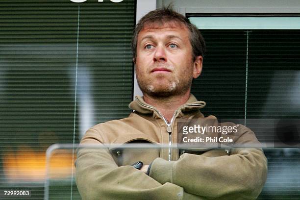 Roman Abramovich the Chelsea owner watches the Barclays Premiership match between Chelsea and Wigan Athletic at Stamford Bridge on January 13, 2007...