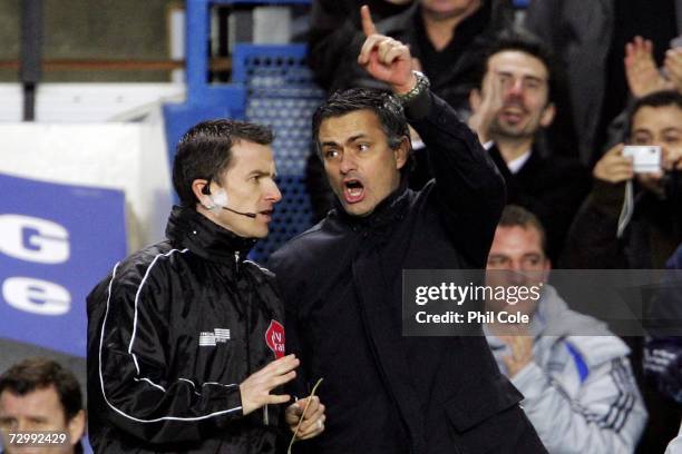 Chelsea manager Jose Mourinho argues with an official during the Barclays Premiership match between Chelsea and Wigan Athletic at Stamford Bridge on...