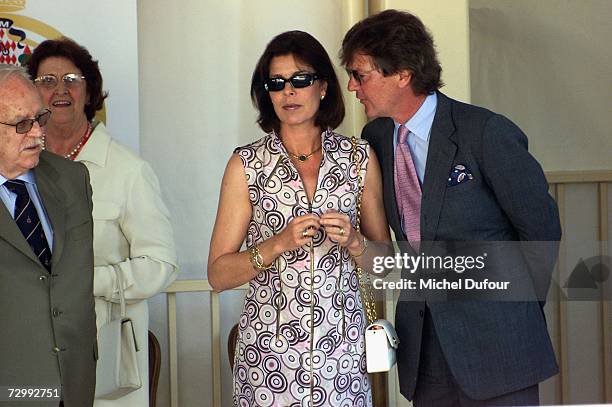 Princess Caroline of Monaco, a member of the Grimaldi family, attends an event with her third husband, Ernst August V of Hanover and her father...