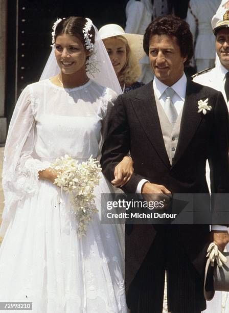 Princess Caroline of Monaco, a member of the Grimaldi family, marries her first husband Philippe Junor in 1978 in Monaco. Princess Caroline married...