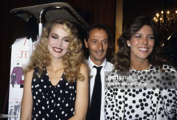 Princess Caroline of Monaco, a member of the Grimaldi family, with model Jerry Hall and Marc Bohan in 1985 in Paris, France. Princess Caroline...