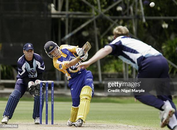 Chris Gaffaney of Otago hits a six during the Twenty20 match between Auckland and Otago at the Eden Park Outer Oval January 14, 2007 in Auckland, New...