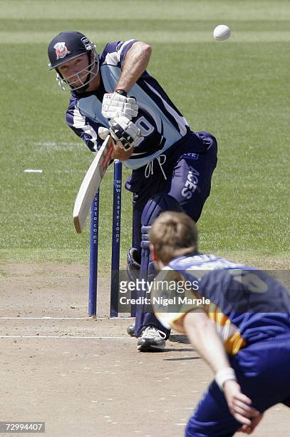 Reece Young of Auckland in action on his way to scoring 75 during the Twenty20 match between Auckland and Otago at the Eden Park Outer Oval January...