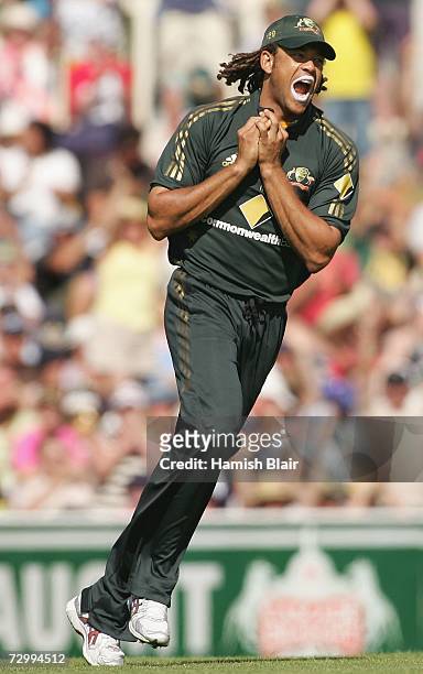 Andrew Symonds of Australia celebrates his catch to dismiss Peter Fulton of New Zealand being dismissed during game two of the Commonwealth Bank One...