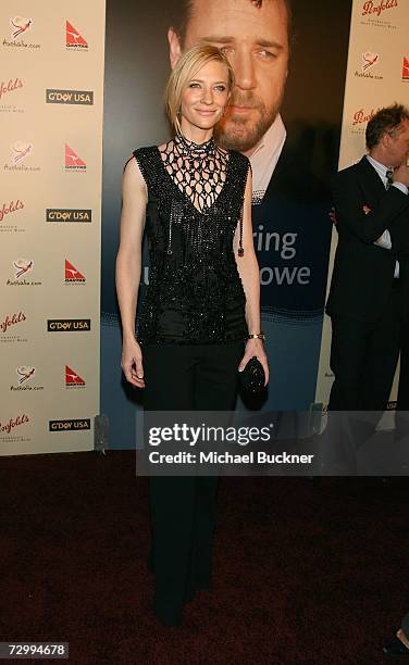 Actress Cate Blanchett arrives at the G'Day USA Penfolds Black Tie Icon Gala at the Hyatt Regency Century Plaza on January 13, 2007 in Los Angeles,...