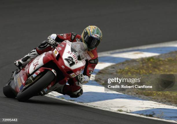 Troy Bayliss of Australia and Ducati Xerox tests his Ducati during the World Superbike development test session at the Phillip Island Circuit January...