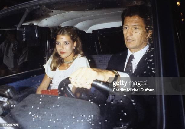 Princess Caroline of Monaco, a member of the Grimaldi family, rides in a car with her first husband, Philippe Junot, 1977 in Paris, France. Princess...