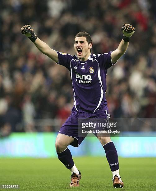 Iker Casillas of Real Madrid celebrates after Madrid scored their first goal against Zaragoza during the La Liga match between Real Madrid and Real...