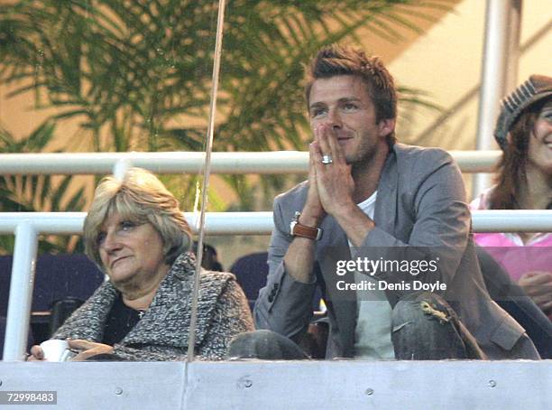 David Beckham of Real Madrid and his mother Sandra Beckham watch the La Liga match between Real Madrid and Real Zaragoza at the Santiago Bernabeu...