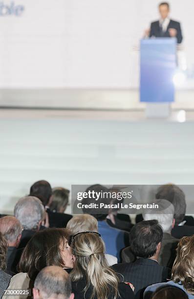 Cecilia Sarkozy kisses her daughter as they attend the Nicolas Sarkozy's speech during his Official Investiture for Presidential Election on January...