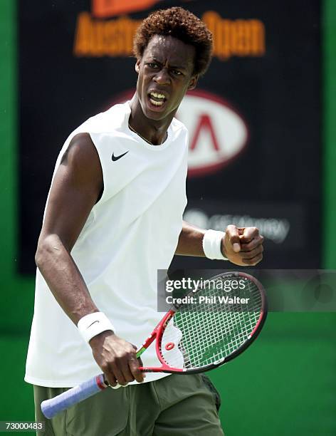 Gael Monfils of France reacts during his first round match against Daniele Bracciali of Italy on day one of the Australian Open 2007 at Melbourne...