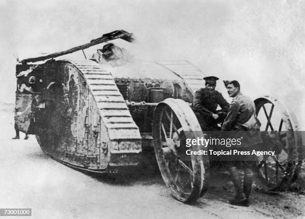 British Mark I tank, the first ever military vehicle of this kind, in France, November 1916.