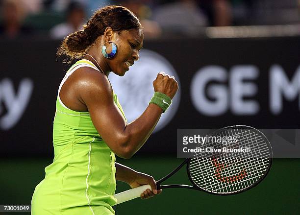 Serena Williams of the USA celebrates winning a point during her round match against Mara Santangelo of Italy on day one of the Australian Open 2007...