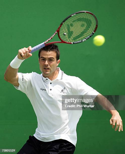 Daniele Bracciali of the Italy plays a forehand during his first round match against Gael Monfils of France on day one of the Australian Open 2007 at...