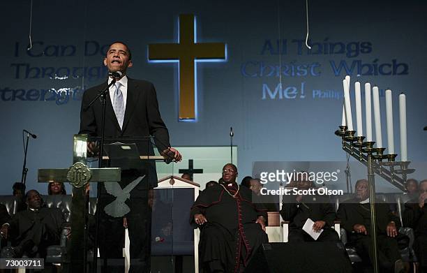 Senator Barack Obama speaks to parishioners gathered for a Martin L. King Jr. Celebration at St. Mark Cathedral January 15, 2007 in Harvey, Illinois....