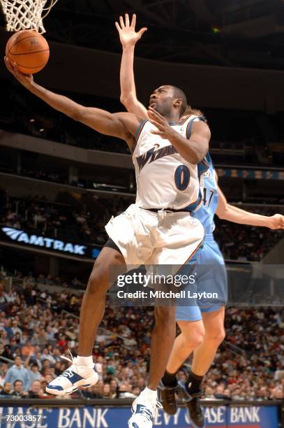 Gilbert Arenas of the Washington WIzards goes to the basket against the Utah Jazz on January 15, 2007 at the Verizon Center in Washington, DC. NOTE...