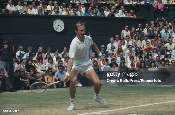 American tennis player Stan Smith pictured in action against Australian tennis player John Newcombe in the final of the Men's Singles competition at...