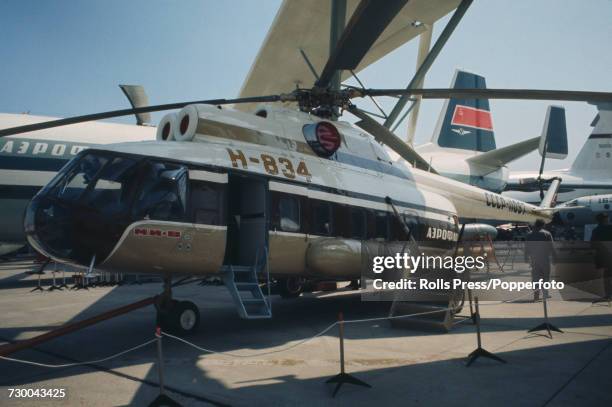 View of a Russian built Mil Mi-8 twin turbine transport helicopter on static display at Le Bourget Airport during the 1971 Paris Air Show in Paris,...