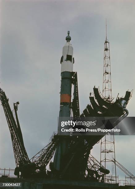 View of the Soviet built Soyuz 10 spacecraft positioned on top of a Soyuz rocket at the Baikonur Cosmodrome in Kazakhstan, Soviet Union prior to...