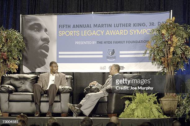 John Saunders interviews NBA Legend David Robinson at the MLK Sports Legacy Symposium before a game between the Phoenix Suns and the Memphis...