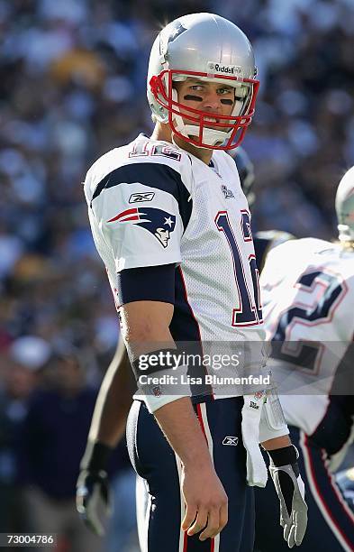 Quarterback Tom Brady of the New England Patriots lines up during the AFC Divisional Playoff Game against the San Diego Chargers held on January 14,...