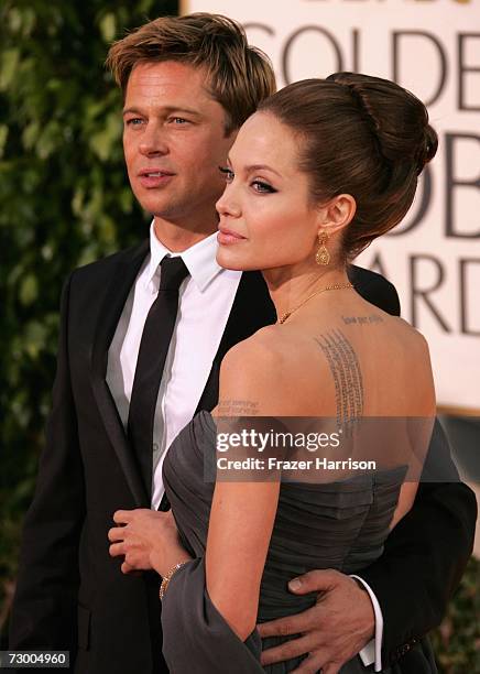 Actors Brad Pitt and Angelina Jolie arrive at the 64th Annual Golden Globe Awards at the Beverly Hilton on January 15, 2007 in Beverly Hills,...