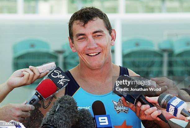 Mat Rogers of the Titans speaks with the media during a Gold Coast Titans press conference at Runaway Bay Sports Complex on January 16, 2007 on the...