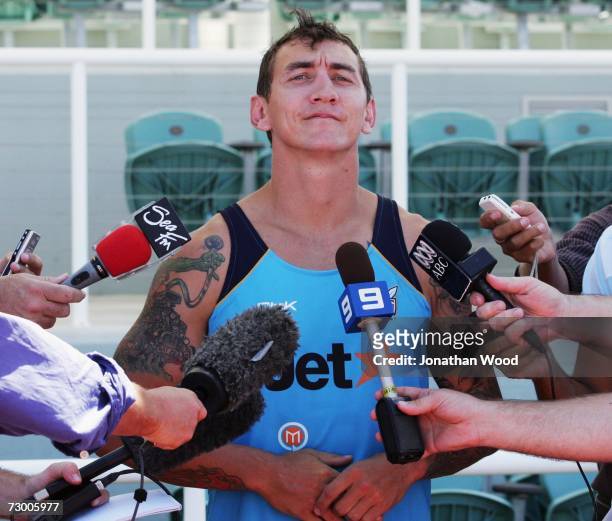 Mat Rogers of the Titans speaks with the media during a Gold Coast Titans press conference at Runaway Bay Sports Complex on January 16, 2007 on the...