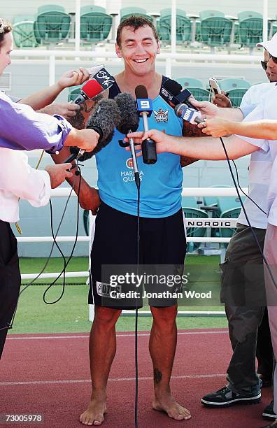 Mat Rogers of the Titans speaks with the media during a Gold Coast Titans press conference at Runaway Bay Sports Complex on January 16, 2007 on the...