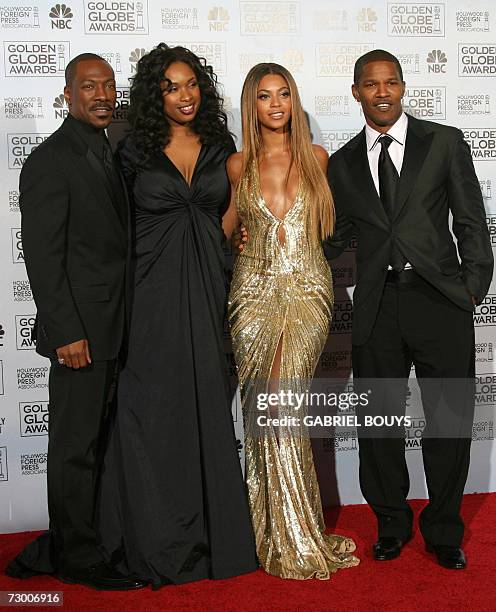 Beverly Hills, UNITED STATES: The cast of "Dreamgirls," which won the best musical or comedy motion picture award, poses 15 January 2007 at the 64th...