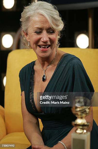Actress Helen Mirren sits for an interview with Mary Hart of Entertainment Tonight after winning for Best Performance by an Actress in a Motion...