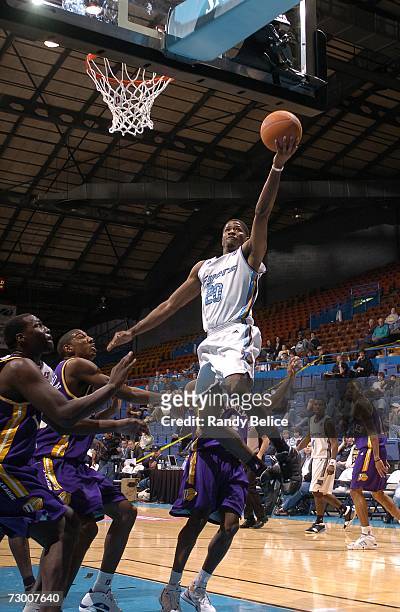 Kevin Burleson of the Fort Worth Flyers goes to the basket during the 2007 NBA D-League Martin Luther King, Jr. Showcase game with the Los Angeles...