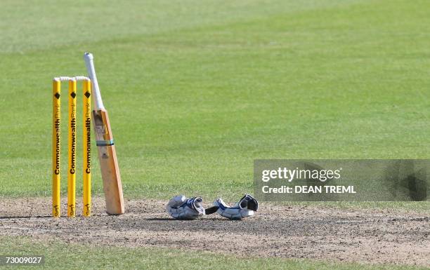 Bat rests on the stumps at a drinks break during match 3 of the Commonwealth Bank Series between England and the New Zealand Black Caps at the...