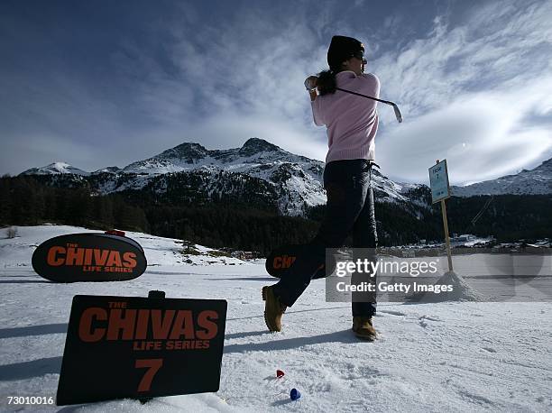 Winner of the ladie section, Caroline Rominger of Switzerland in action during the first day of the Chivas Snow Golf Championship, which is part of...