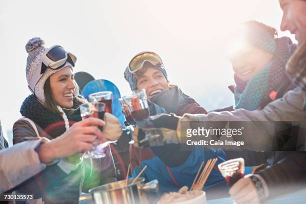 skier friends toasting cocktail glasses apres-ski - hot toddy stockfoto's en -beelden