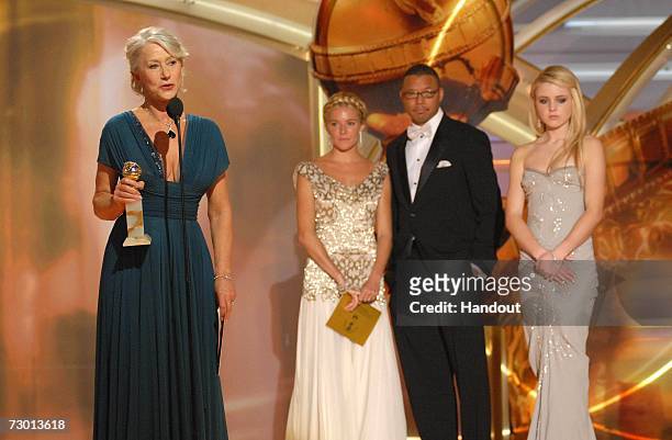 In this handout photo provided by the Hollywood Foreign Press Association, actress Helen Mirren accepts the award for Best Performance By An Actress...