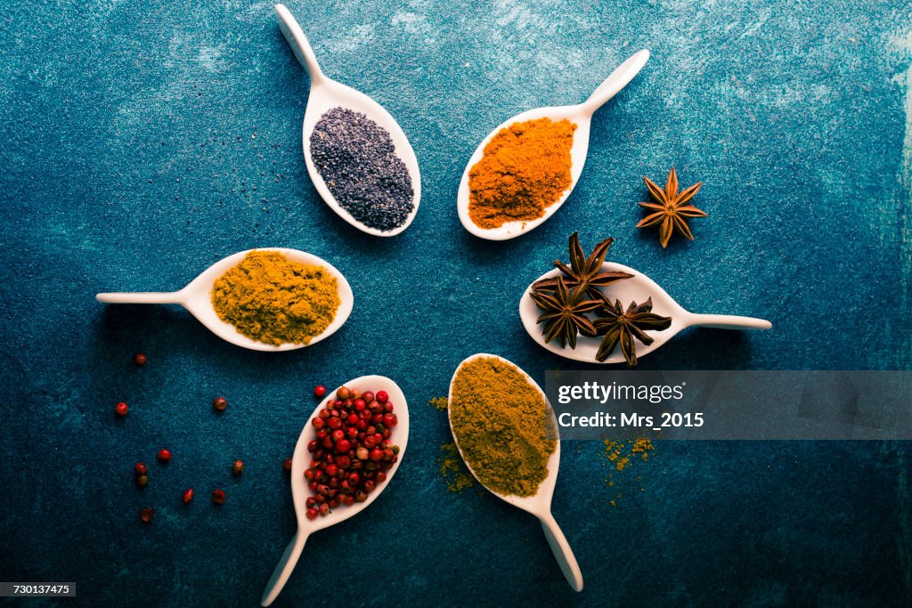 Spoons filled with spices