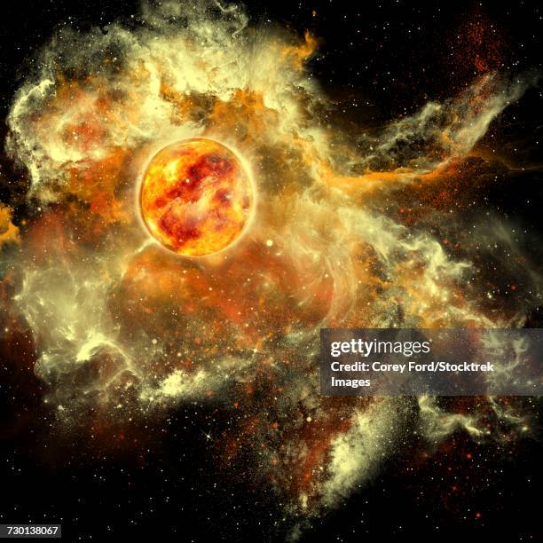 a sun gathers surrounding matter and plasma to become a larger and larger sphere in the universe. - discharge stock illustrations