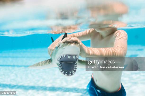 boy (6-7) playing with toy shark in swimming pool - shark attack 個照片及圖片檔