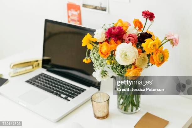 flowers in jar near laptop in office - ranunculus bildbanksfoton och bilder