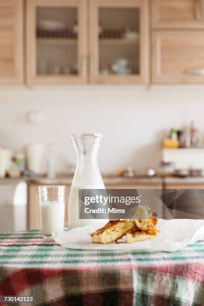 milk and pastries on a kitchen table - milk jug stock pictures, royalty-free photos & images