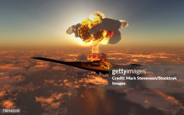 a b-2 spirit stealth bomber flying away from its atomic bomb blast. - b 2_spirit stock illustrations
