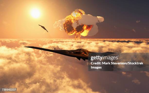 a b-2 spirit stealth bomber flying away from its atomic bomb blast. - b 2_spirit stock illustrations