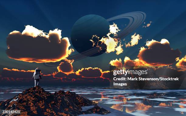 an astronaut exploring an alien moon that orbits a ringed planet. - plateau stock illustrations