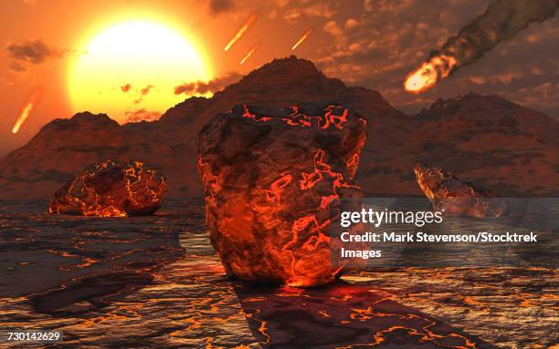 ilustraciones, imágenes clip art, dibujos animados e iconos de stock de the birth of a new planet as meteorites and asteroids bombard the worlds lava surface. - volcanic landscape