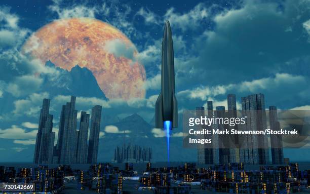 a rocket launching from a futuristic city located on an alien binary world. - out of context stock illustrations