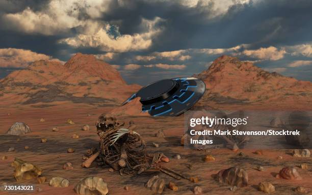 dead humanoid remains lying near a crashed ufo site in a desert region. - unexpected accident stock illustrations