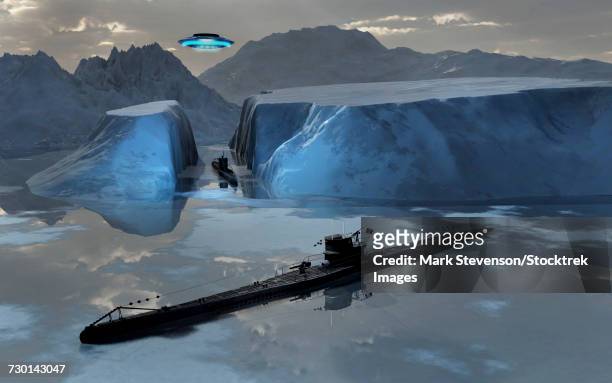 a pair of german u-boats and a flying saucer arriving at the top secret base 2ll, located in the antarctic. - 秘密基地点のイラスト素材／クリップアート素材／マンガ素材／アイコン素材