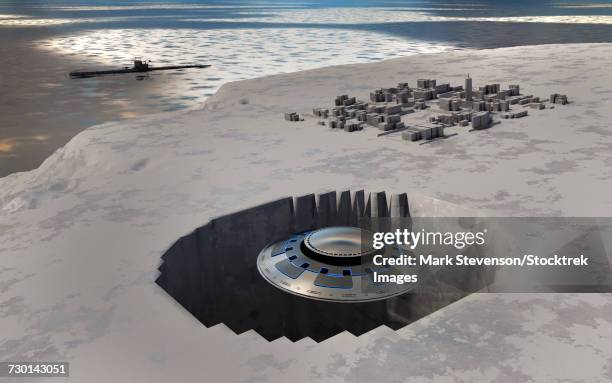 a german u-boat and a flying saucer arriving at the top secret base 2ll, located in the antarctic. - military base stock-grafiken, -clipart, -cartoons und -symbole